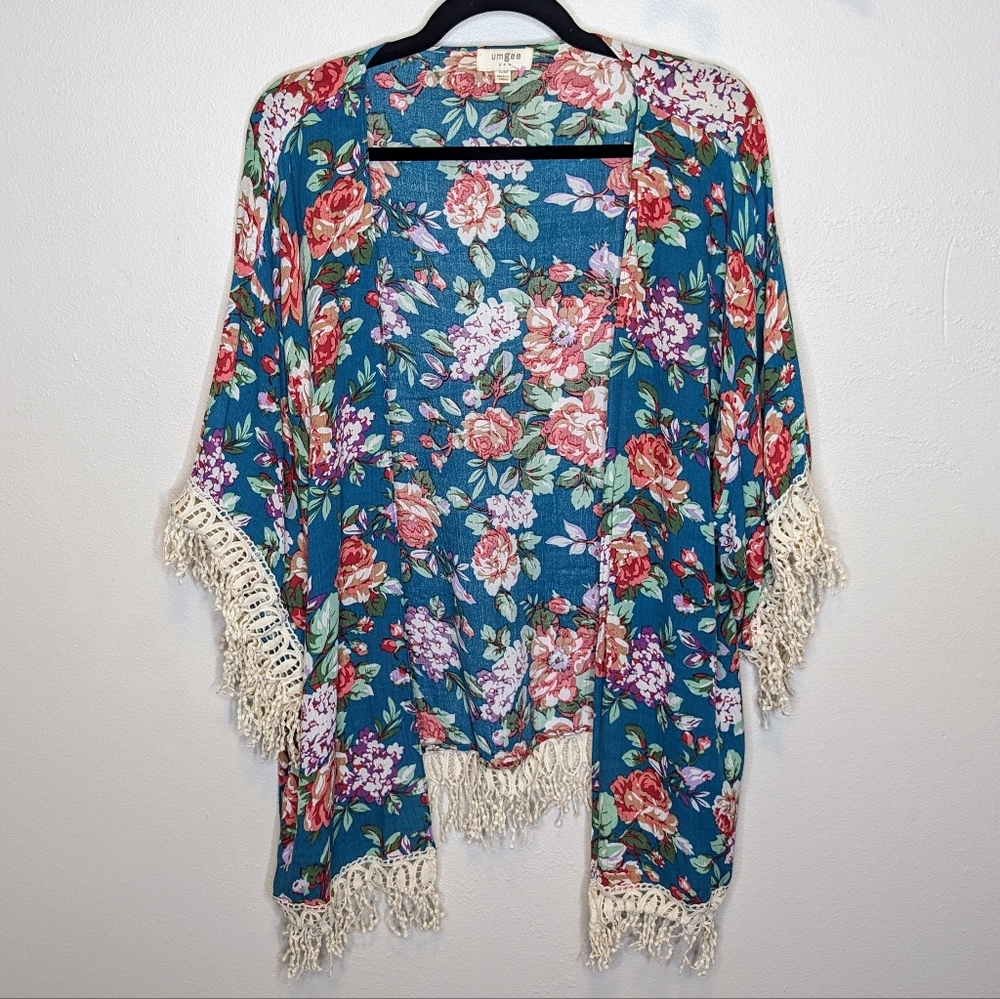 Umgee Floral Fringe Kimono S/M Blue Boho Open Front Tassels Cover Up